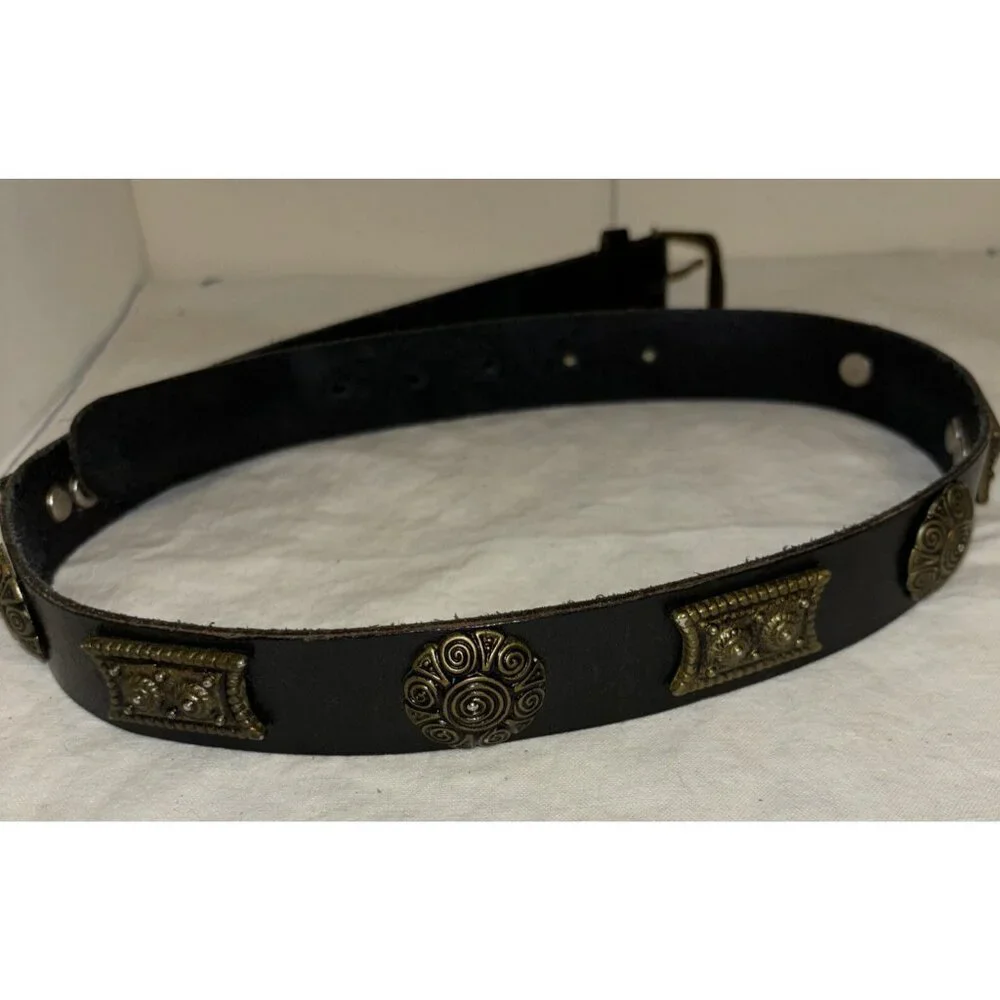 Womens Black Leather Belt W/Embellishments Med Psbly Handmade‎